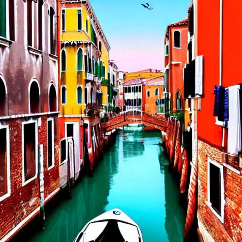 A vibrant gondola ride cutting through a picturesque canal in Venice, Italy, capturing the quintessential Instagrammable moment on a journey through the city's best social media hot spots.