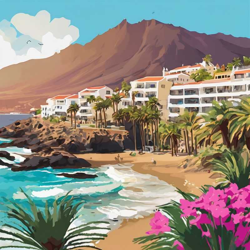 Panoramic view of a charming coastal town in Tenerife, Canary Islands, Spain, showcasing its vibrant architecture and proximity to the azure ocean.