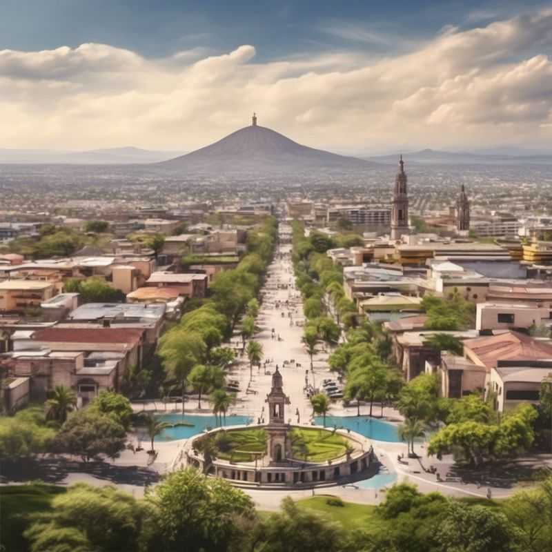 A vibrant street scene in the historic Tlaquepaque neighborhood of Guadalajara, Mexico, showcasing colorful colonial architecture and artisanal shops.