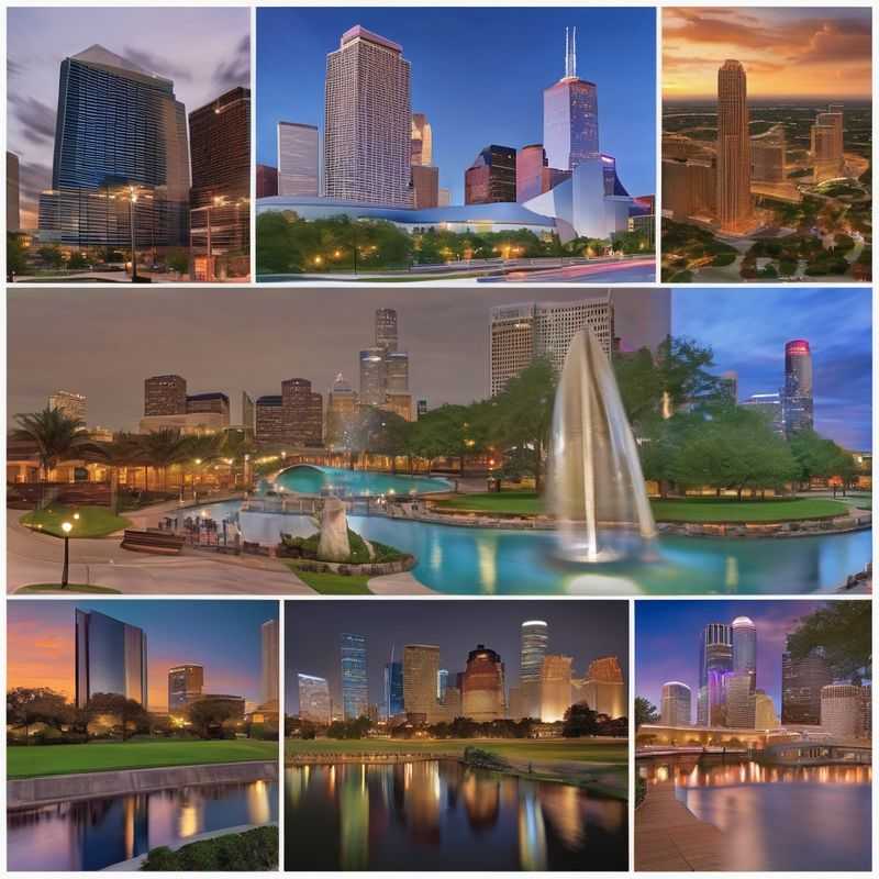 Chic downtown Houston skyline with modern skyscrapers illuminated at dusk, a vibrant urban landscape offering diverse accommodations for visitors.