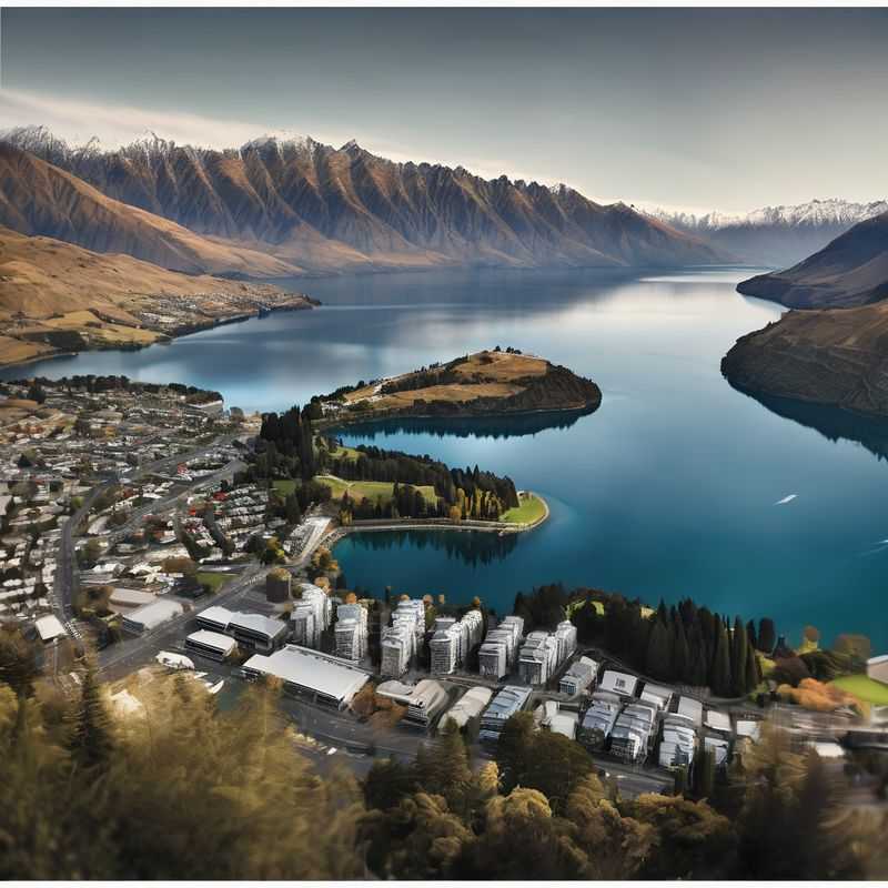 Panoramic view of Queenstown, New Zealand, showcasing the majestic Remarkables mountain range reflecting on the serene waters of Lake Wakatipu, perfect for adventurous stays.