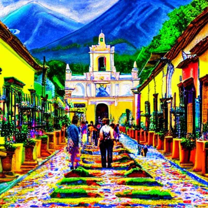 A vibrant street scene in Antigua, Guatemala, showcasing the iconic cobblestone streets and colorful colonial architecture – a must-capture for your social media feed. #AntiguaGuatemala #SocialMediaHotspot
