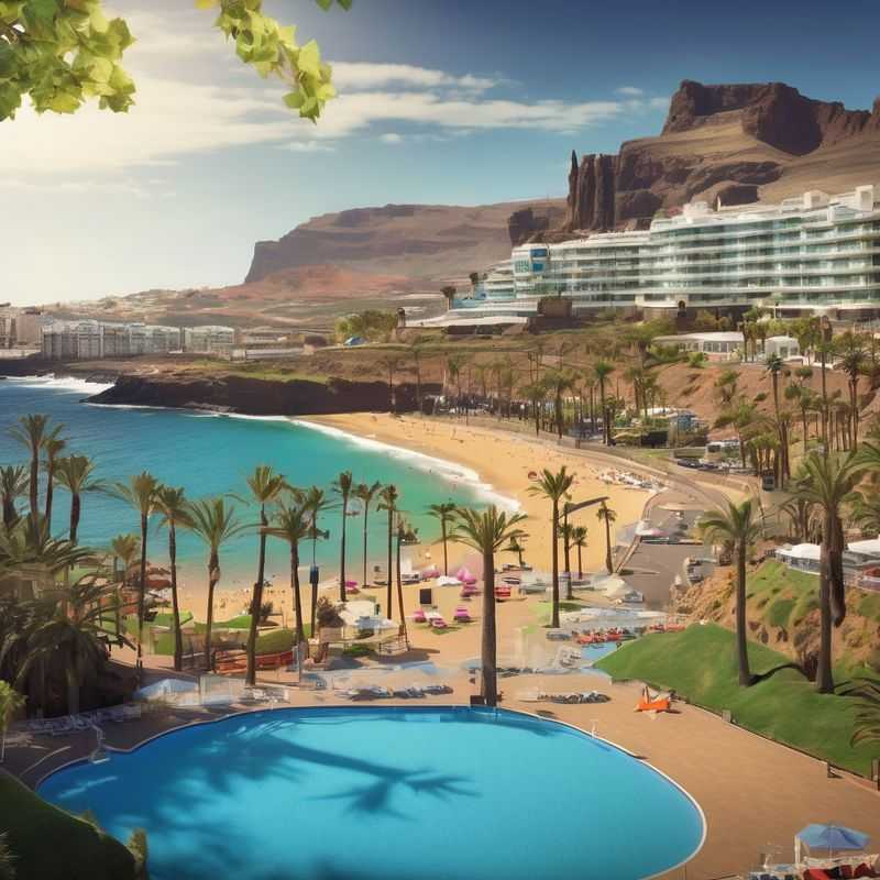 A panoramic view of the dramatic volcanic landscapes and vibrant coastal towns of Gran Canaria, Canary Islands, Spain, hinting at the diverse areas perfect for a memorable stay.