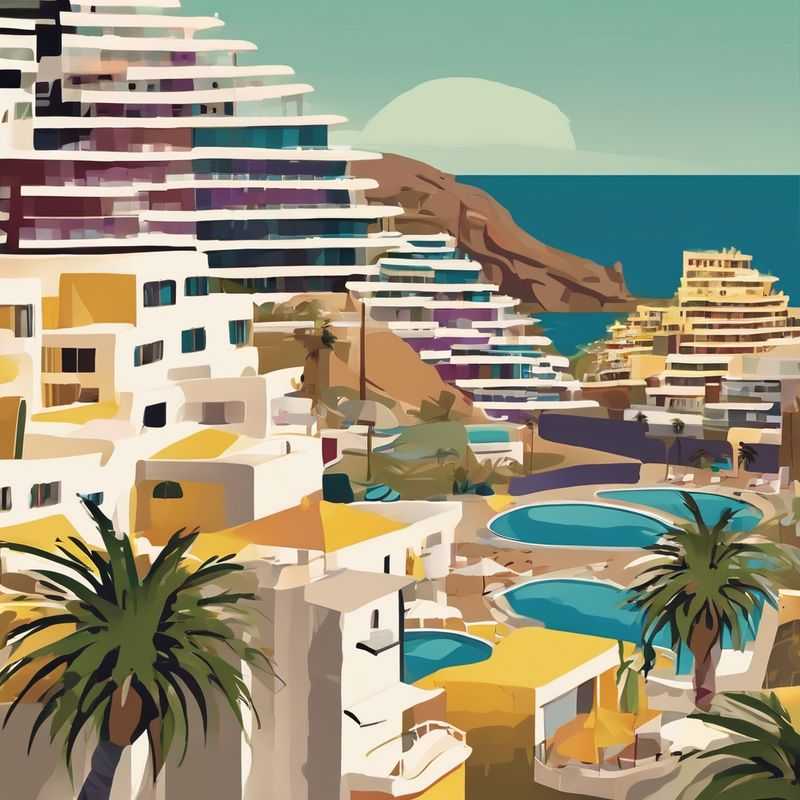 A panoramic view of the dramatic volcanic landscapes and vibrant coastal towns of Gran Canaria, Canary Islands, Spain, hinting at the diverse areas perfect for a memorable stay.