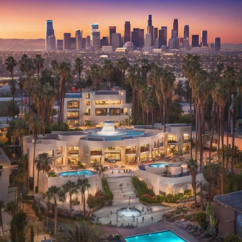A panoramic view of the sprawling metropolis of Los Angeles, California, showcasing diverse neighborhoods from the iconic Hollywood hills to the sun-drenched coastline, offering an array of accommodation options for every traveler.