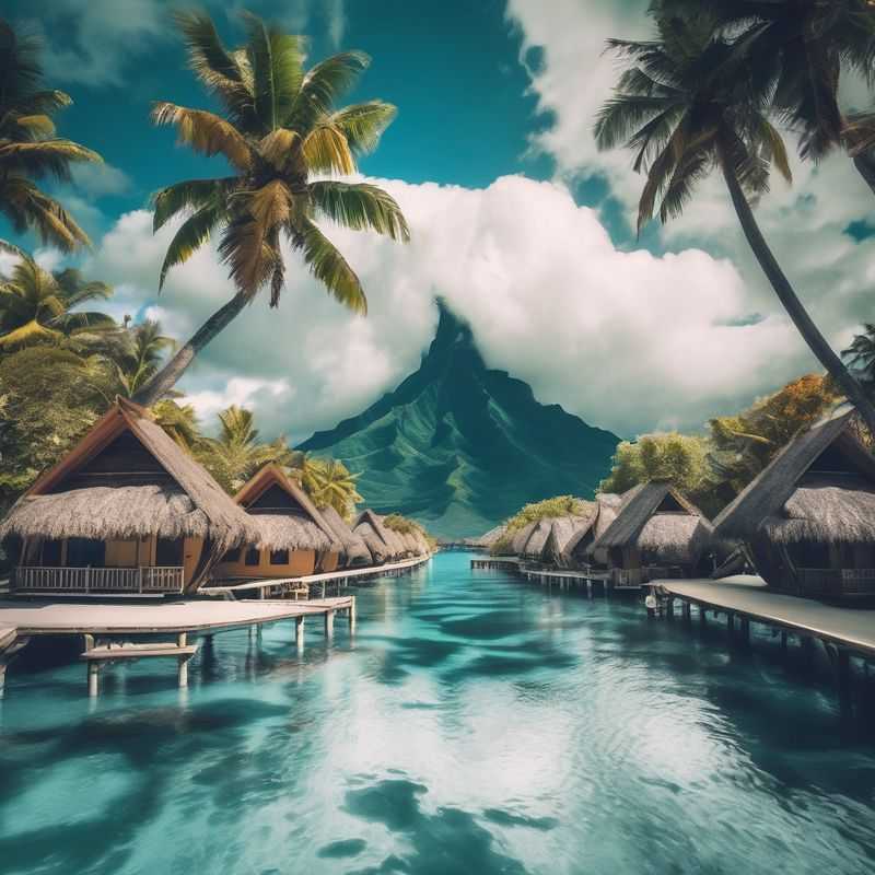 A breathtaking panoramic view of Tahiti's lush volcanic peaks cascading down to the turquoise lagoon, dotted with overwater bungalows, beckoning travelers to discover the best areas to stay in French Polynesia's enchanting main island.
