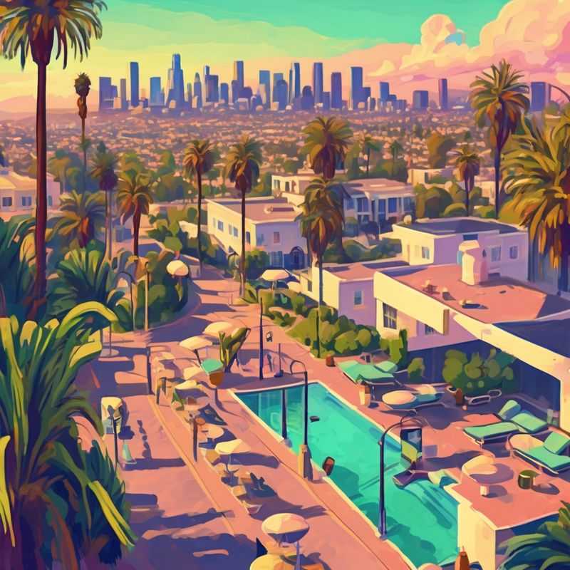 A panoramic view of the sprawling metropolis of Los Angeles, California, showcasing diverse neighborhoods from the iconic Hollywood hills to the sun-drenched coastline, offering an array of accommodation options for every traveler.