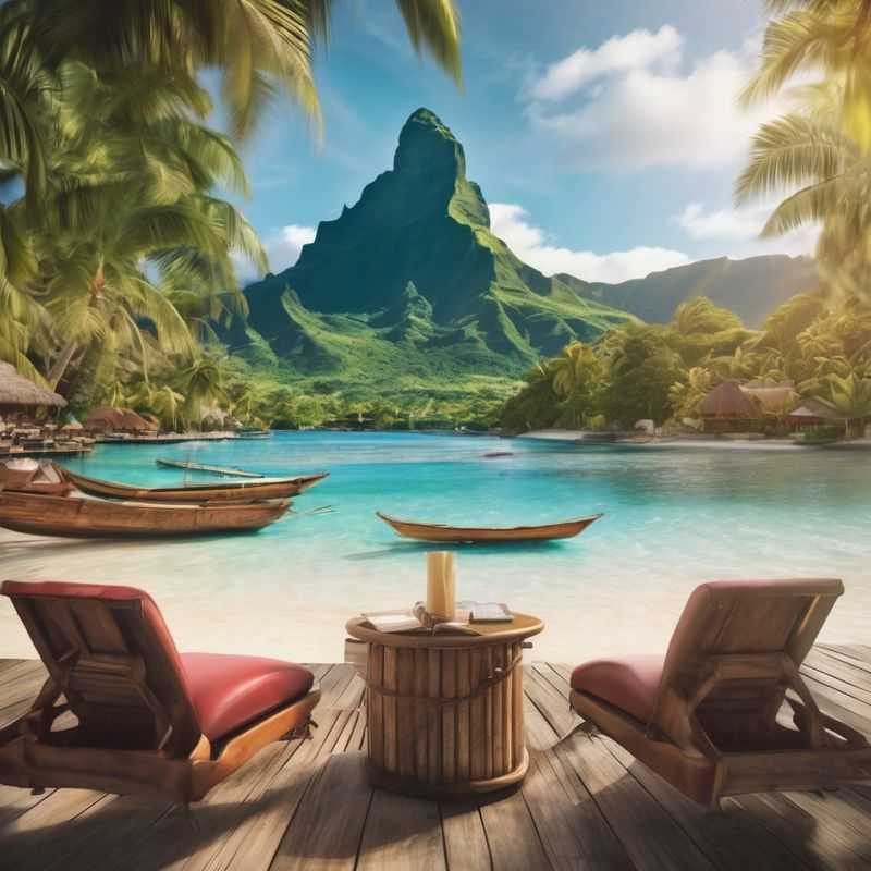 A breathtaking panoramic view of Tahiti's lush volcanic peaks cascading down to the turquoise lagoon, dotted with overwater bungalows, beckoning travelers to discover the best areas to stay in French Polynesia's enchanting main island.