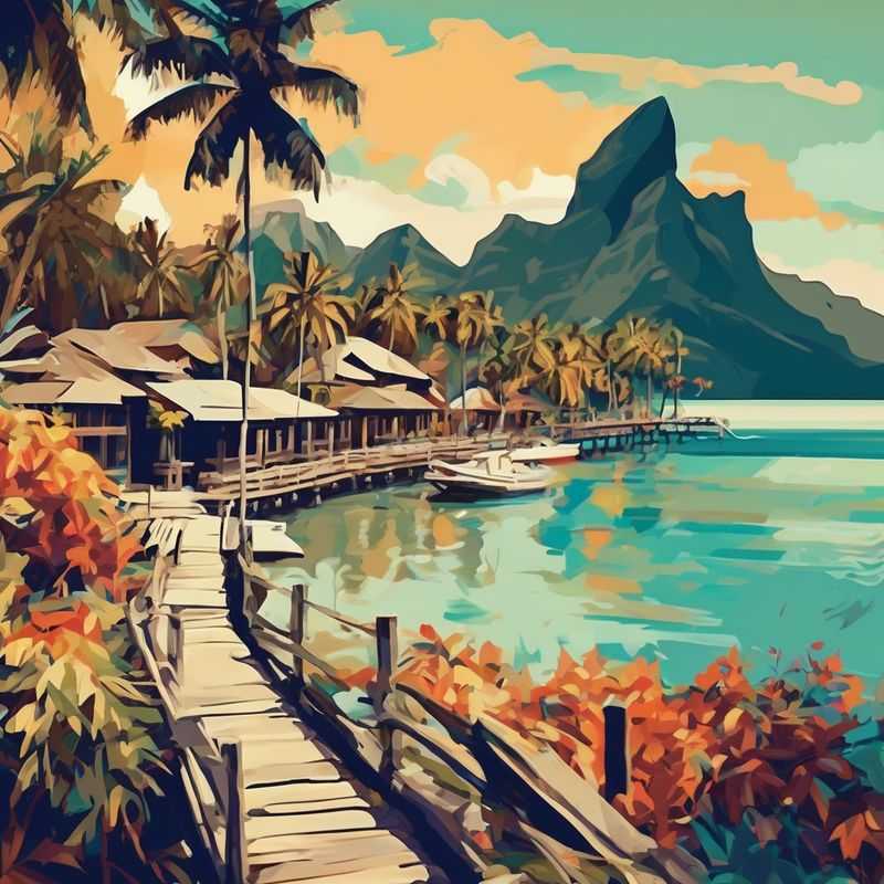 Lush, volcanic peaks of Moorea, French Polynesia, frame a serene turquoise lagoon, hinting at the idyllic overwater bungalows and vibrant marine life awaiting visitors.