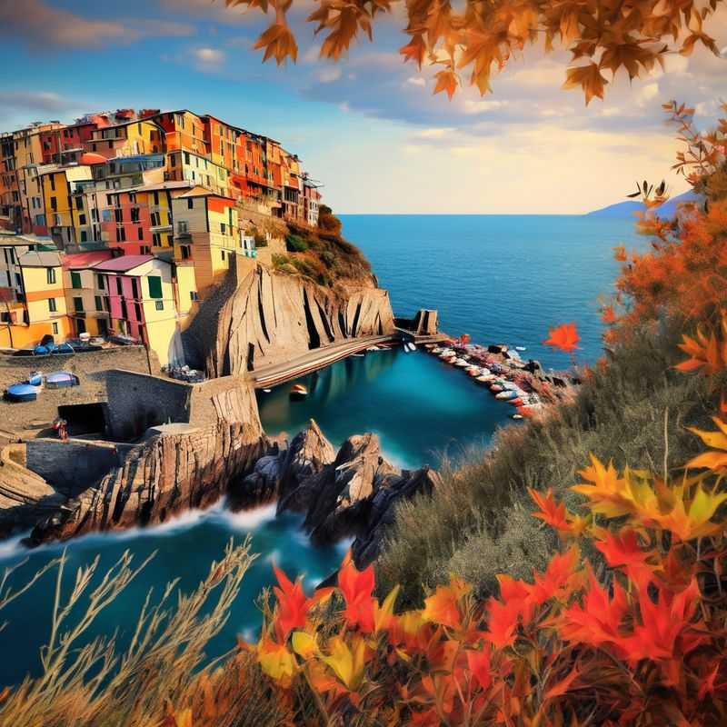 A picturesque panorama of Cinque Terre's colorful villages clinging to rugged cliffs overlooking the sparkling Ligurian Sea, offering diverse and enchanting accommodation options.