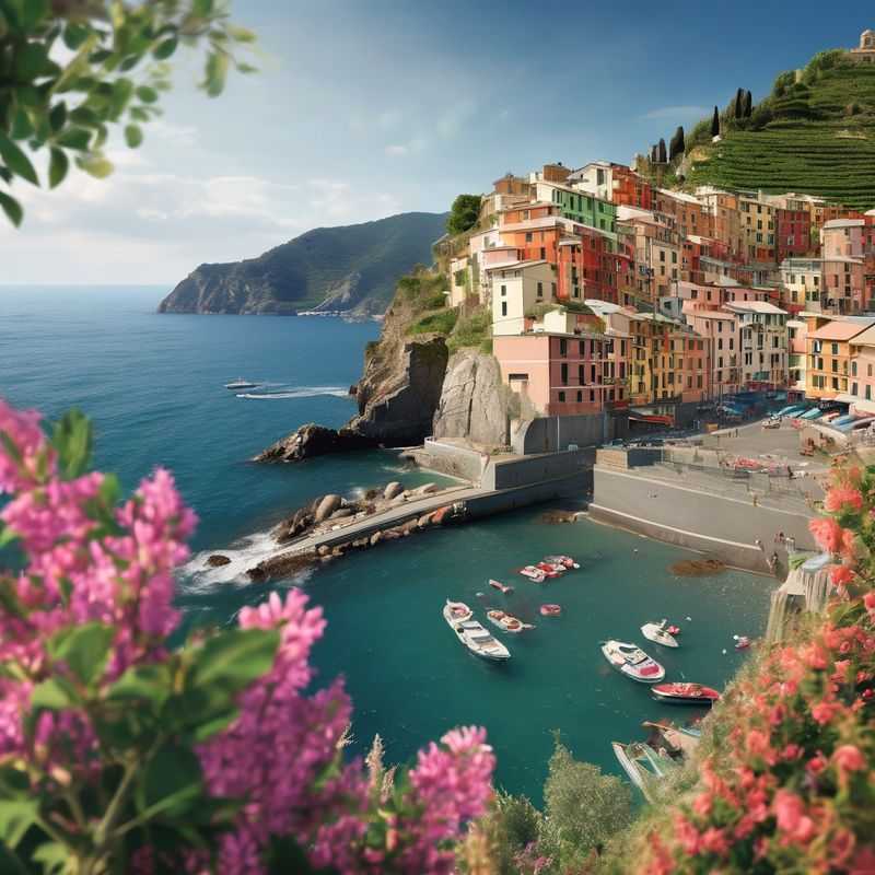 A picturesque panorama of Cinque Terre's colorful villages clinging to rugged cliffs overlooking the sparkling Ligurian Sea, offering diverse and enchanting accommodation options.