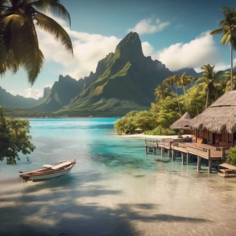 Lush, volcanic peaks of Moorea, French Polynesia, frame a serene turquoise lagoon, hinting at the idyllic overwater bungalows and vibrant marine life awaiting visitors.