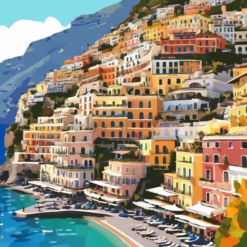 A quintessential view of Positano, Italy, with its colorful houses clinging precariously to the cliffside, overlooking the azure waters of the Tyrrhenian Sea, a dream destination for discerning travelers.