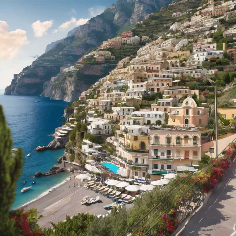 A quintessential view of Positano, Italy, with its colorful houses clinging precariously to the cliffside, overlooking the azure waters of the Tyrrhenian Sea, a dream destination for discerning travelers.