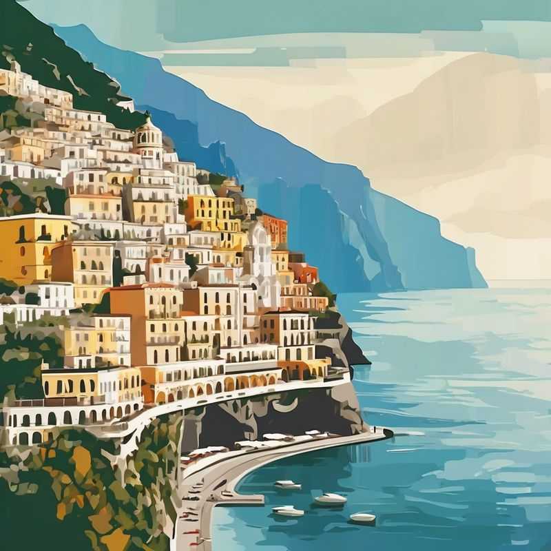Dramatic cliffs of the Amalfi Coast, Italy, plunge into the azure Mediterranean Sea, dotted with vibrant, cliffside villages perfect for a romantic Italian getaway.