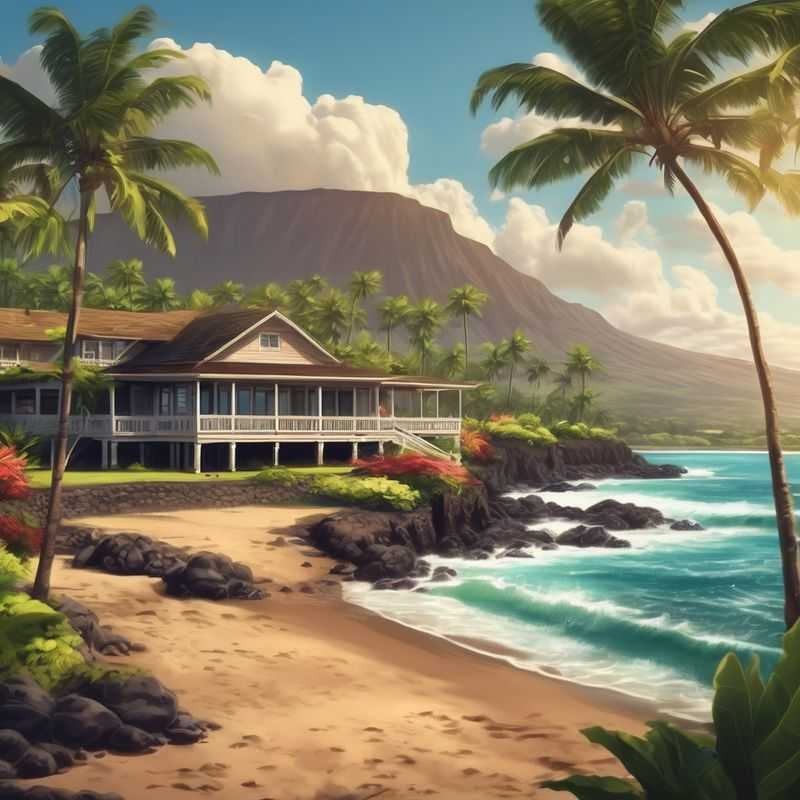 A panoramic vista of the diverse landscapes of the Big Island, Hawaii, USA, showcasing volcanic terrain meeting lush tropical coastlines, hinting at the best areas to stay for an unforgettable island adventure.