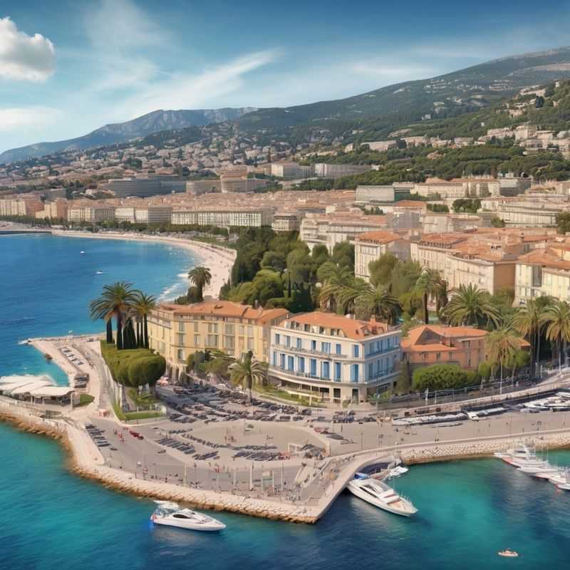 Panoramic view of the turquoise waters of the Mediterranean Sea meeting the vibrant Promenade des Anglais in Nice, French Riviera, France, a prime location for a memorable stay.