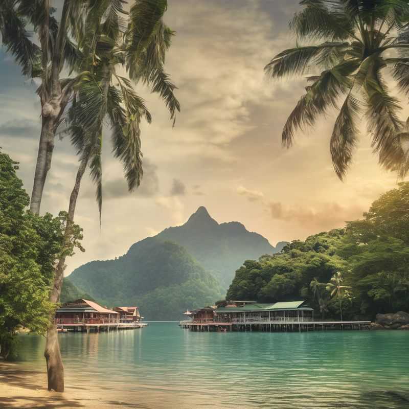 Stunning panoramic view of the turquoise waters and lush green islands of Langkawi, Malaysia, showcasing a prime beachfront location for a memorable stay.